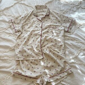 Cream Cherry Print Short Sleeve Pajama Set